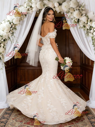 Beige White Mermaid Lace Off the Shoulder Wedding Dress