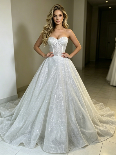 White Sequins Strapless Wedding Dres