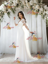 White Chiffon Long Sleeve Lace Wedding Dress