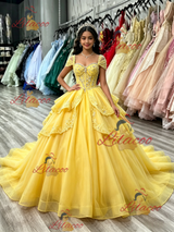 Yellow Tulle Appliques Beading Quinceanera Dress