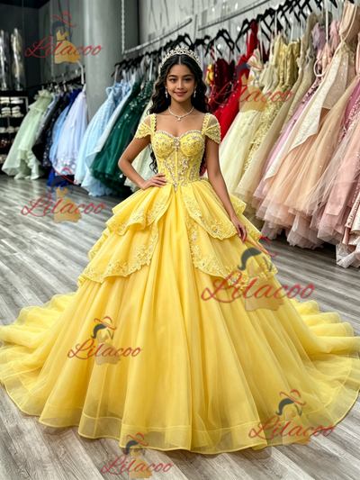 Yellow Tulle Appliques Beading Quinceanera Dress