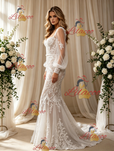 White Mermaid Tulle Lace Long Sleeve Wedding Dress