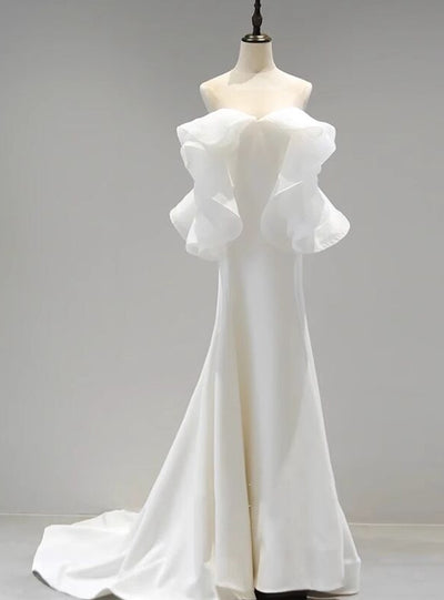 White Satin Off the Shoulder Wedding Dress