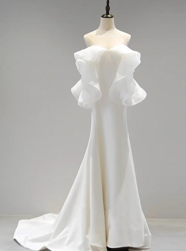 White Satin Off the Shoulder Wedding Dress
