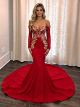 Red Off the Shoulder Long Sleeve Prom Dress