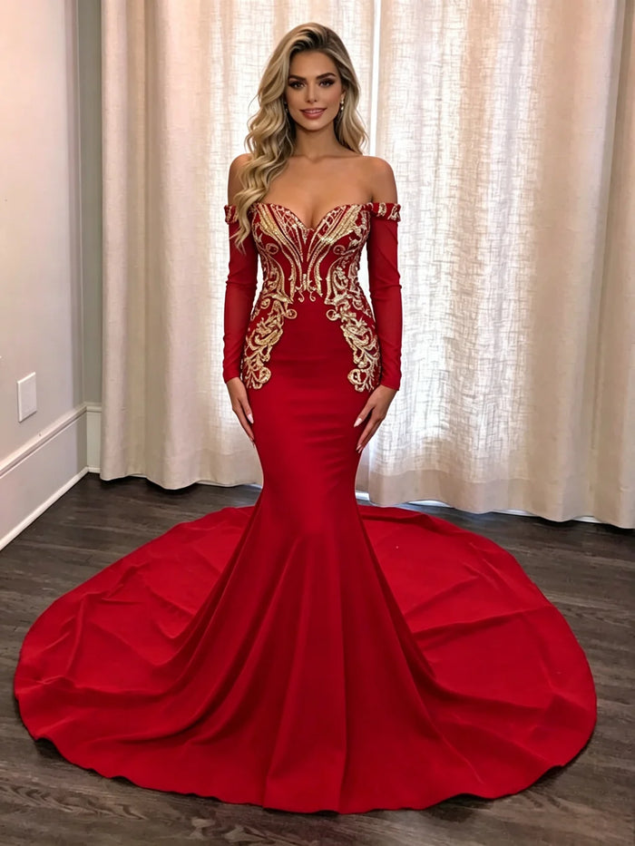 Red Off the Shoulder Long Sleeve Prom Dress