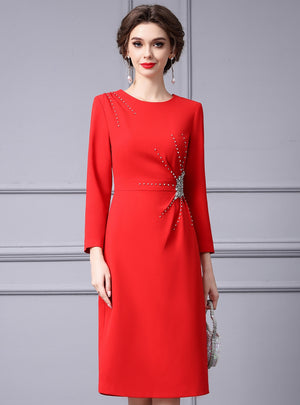 Red Long Sleeve Beading Crystal Mother Of The Bride Dress