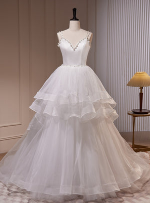 White Tulle Straps Pearls Wedding Dress