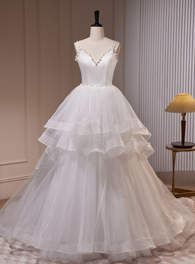 White Tulle Straps Pearls Wedding Dress