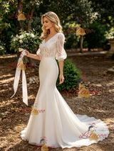 White Mermaid V-neck Lace Puff Sleeve Wedding Dress