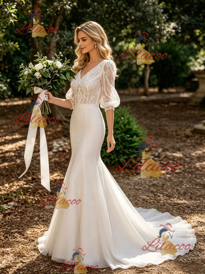 White Mermaid V-neck Lace Puff Sleeve Wedding Dress