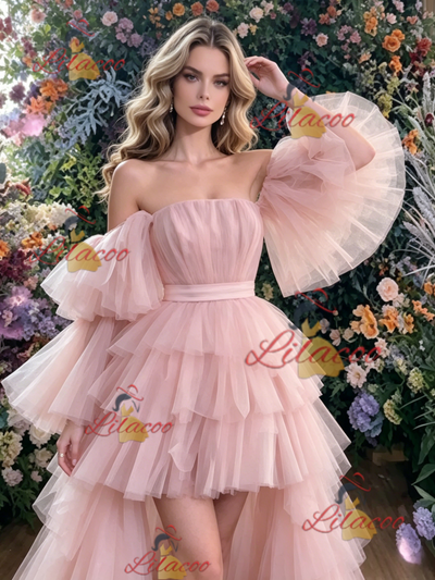 Pink Tulle Hi Lo Tiers Prom Dress