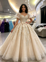 Champagne Tulle Appliques Puff Sleeve Quinceanera Dress
