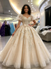 Champagne Tulle Appliques Puff Sleeve Quinceanera Dress
