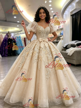 Champagne Tulle Appliques Puff Sleeve Quinceanera Dress