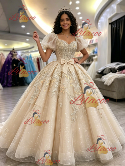 Champagne Tulle Appliques Puff Sleeve Quinceanera Dress
