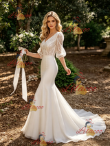 White Mermaid V-neck Lace Puff Sleeve Wedding Dress