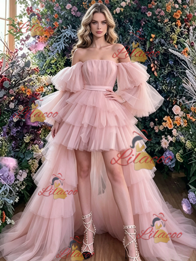 Pink Tulle Hi Lo Tiers Prom Dress