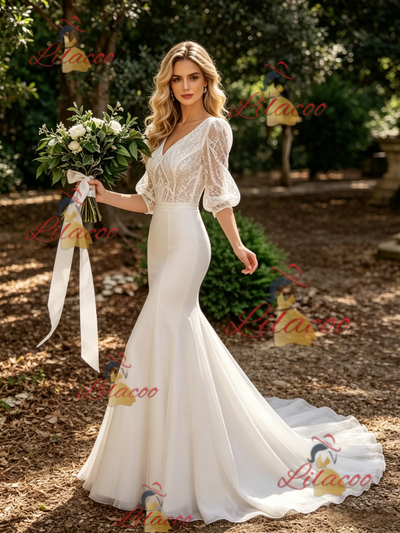 White Mermaid V-neck Lace Puff Sleeve Wedding Dress