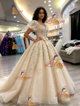 Champagne Tulle Appliques Puff Sleeve Quinceanera Dress