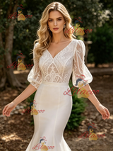 White Mermaid V-neck Lace Puff Sleeve Wedding Dress