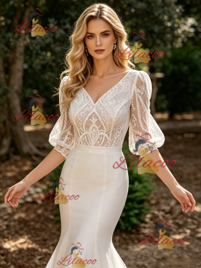 White Mermaid V-neck Lace Puff Sleeve Wedding Dress