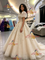 Champagne Tulle Appliques Puff Sleeve Quinceanera Dress