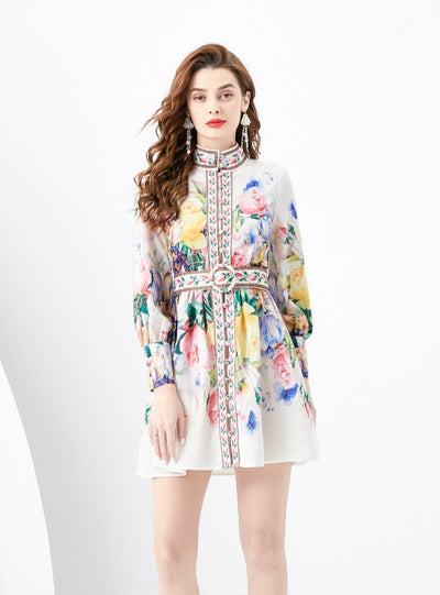 Palace Lantern Sleeve Mini Retro Print Dress