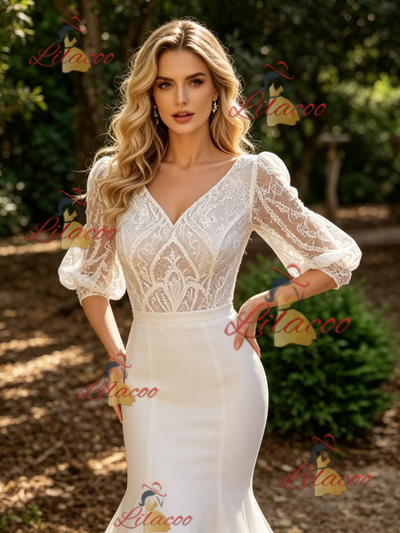 White Mermaid V-neck Lace Puff Sleeve Wedding Dress