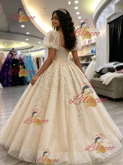 Champagne Tulle Appliques Puff Sleeve Quinceanera Dress