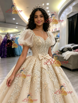 Champagne Tulle Appliques Puff Sleeve Quinceanera Dress