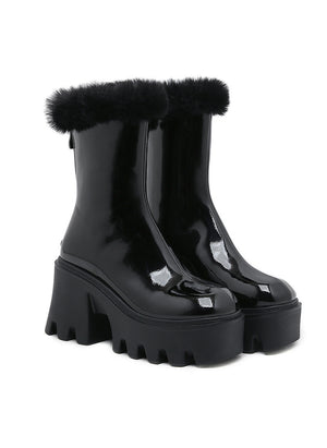 Black Plush Round-headed Platform Martin Boots