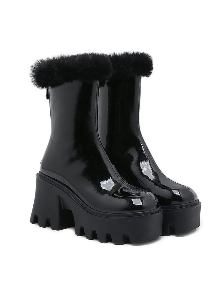Black Plush Round-headed Platform Martin Boots