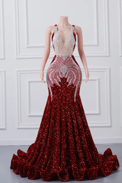 Burgundy Mermaid Sequins Prom Dress