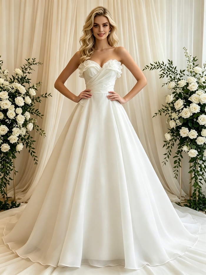 Beige White Tulle Strapless Wedding Dress