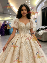 Champagne Tulle Appliques Puff Sleeve Quinceanera Dress