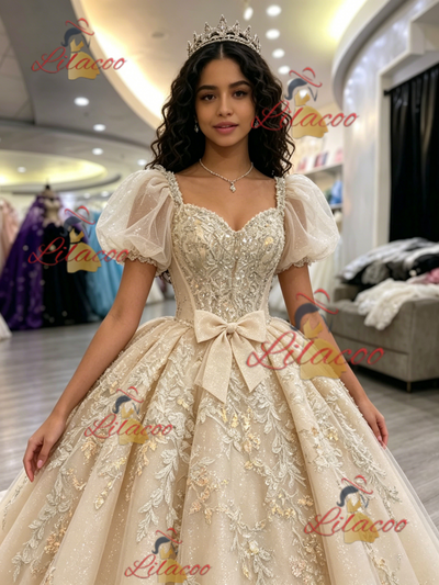 Champagne Tulle Appliques Puff Sleeve Quinceanera Dress