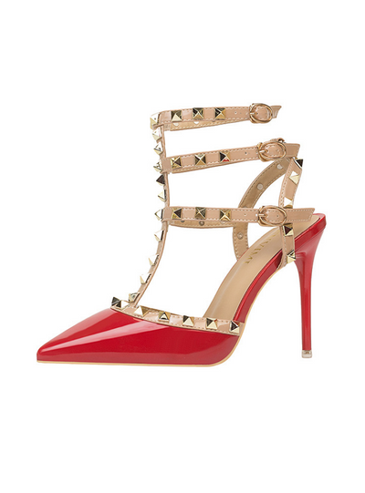 Thin High Heel Patent Leather Metal Rivet Sandals
