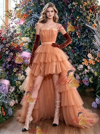 Orange Tulle Strapless Pleats Prom Dress