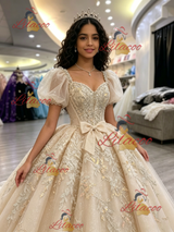 Champagne Tulle Appliques Puff Sleeve Quinceanera Dress