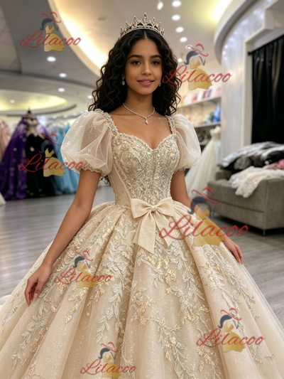Champagne Tulle Appliques Puff Sleeve Quinceanera Dress