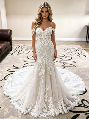 White Mermaid Straps Appliques Wedding Dress