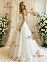 Beige White Tulle Strapless Wedding Dress