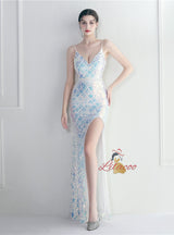 Mermaid Sequins Straps Split Prom Dress