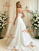 Beige White Tulle Strapless Wedding Dress