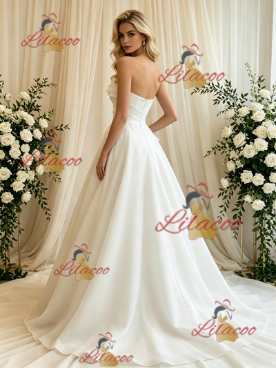 Beige White Tulle Strapless Wedding Dress
