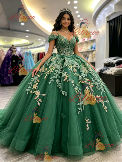 Green Tulle Off the Shoulder Appliques Quinceanera Dress
