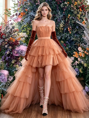 Orange Tulle Strapless Pleats Prom Dress