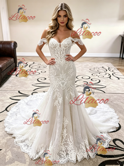 White Mermaid Straps Appliques Wedding Dress