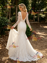 White Mermaid Lace Long Sleeve Wedding Dress